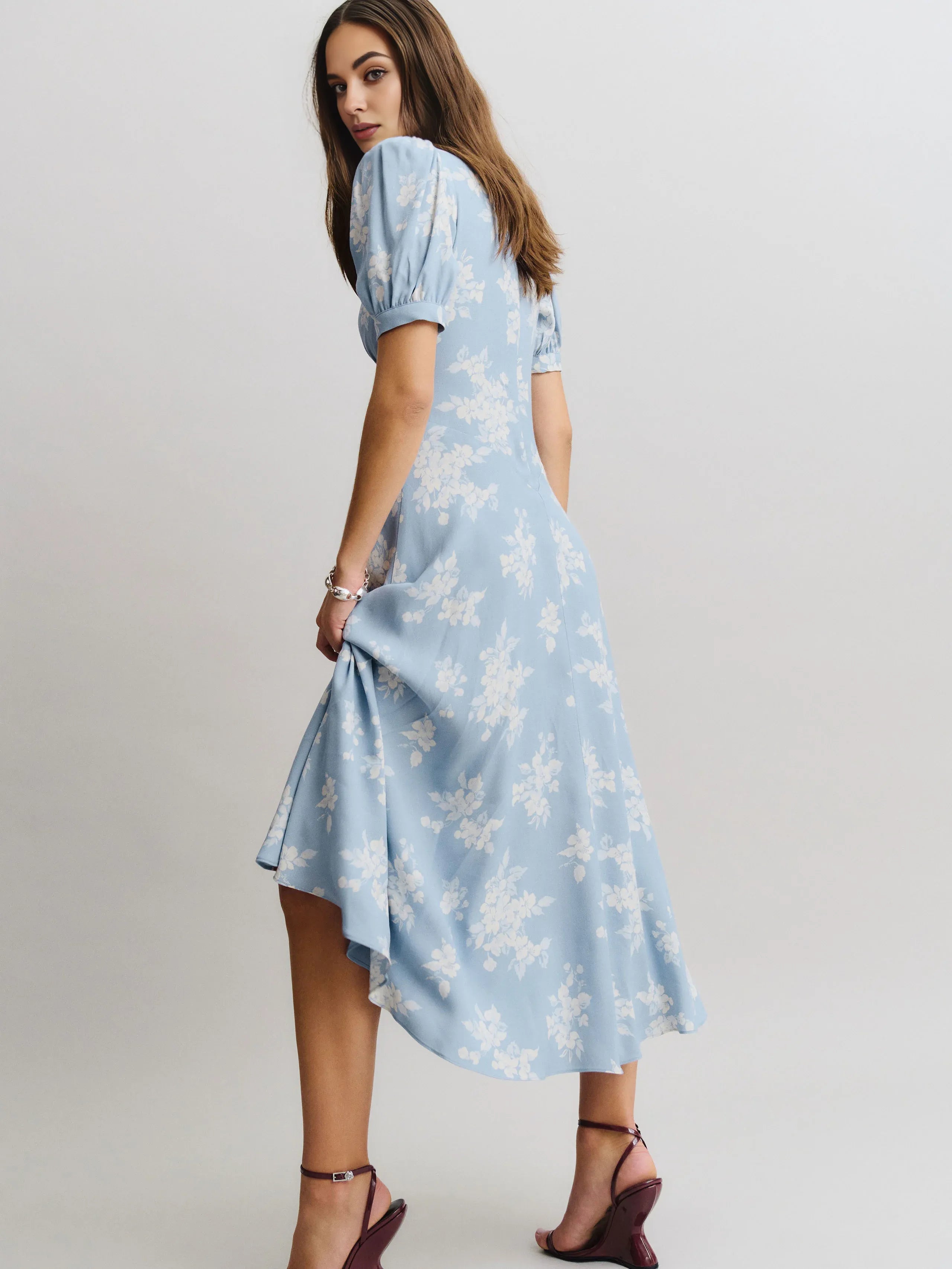 Robe Weitese vintage à imprimé floral, col en V profond, manches courtes, coupe trapèze, robe de bal, robe longue, dos nu, robe de soirée à couverture complète